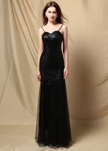 Summer Formal Black Sequins Strap Mermaid Evening Dress