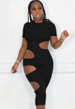 Summer Party Sexy Black Cut Out Ripped Midi Dress