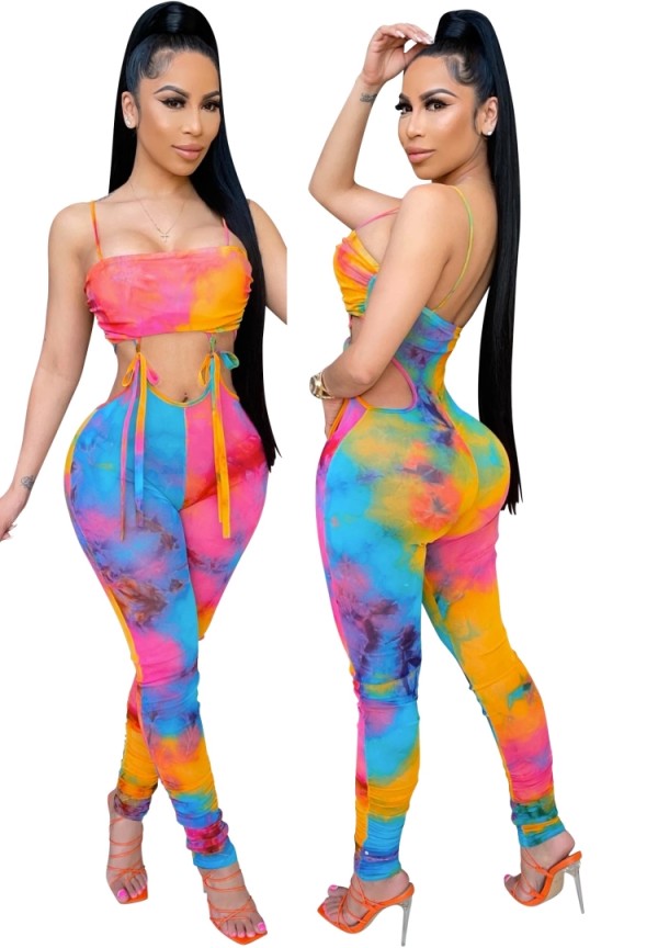 Summer Party Sexy Cut Out Tie Dye Strap Bodycon Jumpsuit