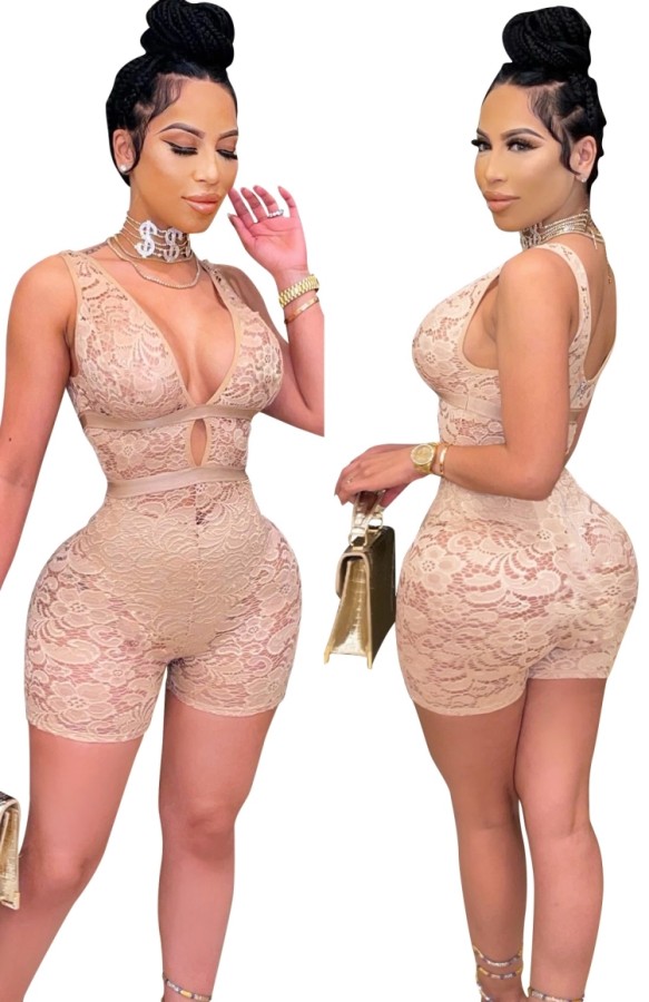 Summer Party Sexy Lace Khaki Sleeveless Bodycon Rompers
