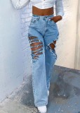 Summer Blue Ripped High Waist Straight Jeans