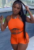Summer Party Orange Lace Up Halter Crop Top y Shorts Set