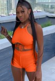 Summer Party Orange Lace Up Halter Crop Top and Shorts Set