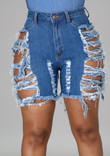 Short en jean bleu taille haute déchiré sexy d'été