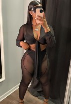 Autumn Party Black Mesh See Through Sexy Crop Top and Pants Set