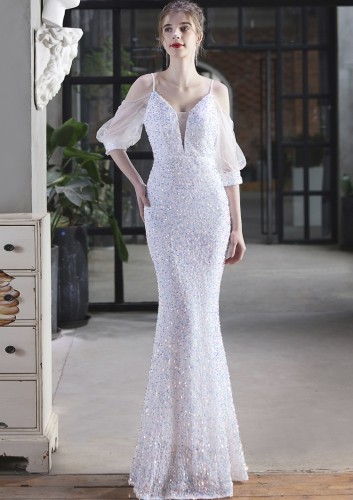 Summer Formal White Sequins Patch Strap Mermaid Evening Dress