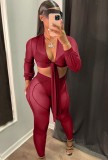 Autumn Party Red Mesh See Through Sexy Crop Top and Pants Set