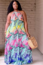 Summer Plus Size Floral Halter Pleated Long Maxi Sundress