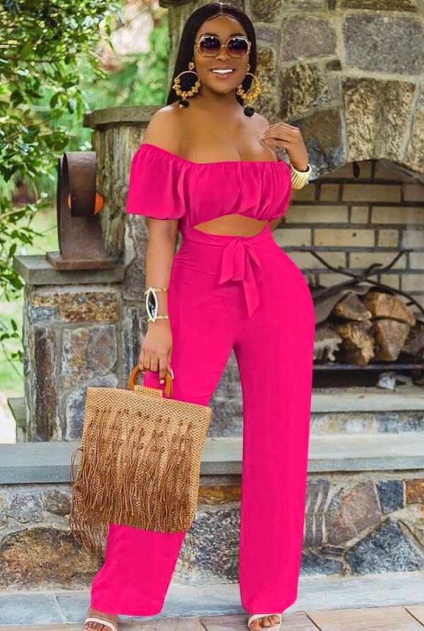 Summer Rose Cut Out Short Sleeves Sexy Strapless Jumpsuit