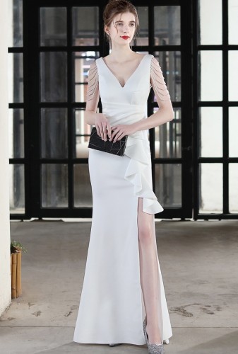 Sommer formales weißes Ketten-Geschlitztes V-Ausschnitt Abendkleid