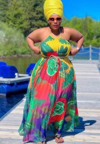 Summer Plus Size Floral Halter Pleated Long Maxi Sundress