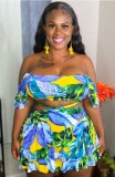 Summer Plus Size Print Strapless Crop Top and Skirt Set