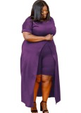 Conjunto de pantalón corto y top largo con abertura frontal formal púrpura de talla grande de otoño