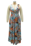 Summer Plus Size Print Sleeveless Slit V-Neck Long Maxi Dress