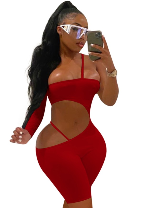Summer Sexy Red Cut Out Un hombro Bodycon Rompers