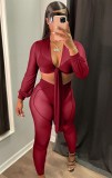 Autumn Party Red Mesh See Through Sexy Crop Top and Pants Set
