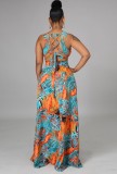 Summer Plus Size Print Sleeveless Slit V-Neck Long Maxi Dress