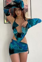 Mini vestido sexy de fiesta con efecto tie dye azul de verano con guantes