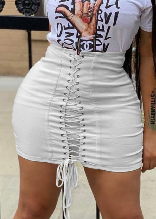 Summer White Lace-Up High Waist Tight Mini Skirt