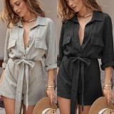Autumn Casual Elegant Black Long Sleeve Rompers with Belt