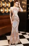 Autumn Formal Sequin Gold O-Neck Long Sleeve Mermaid Evening Dress