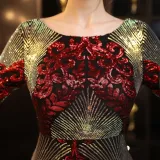 Autumn Formal Sequin Red O-Neck Long Sleeve Mermaid Evening Dress