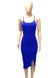 Summer Blue Ruched Strings Strap Party Dress