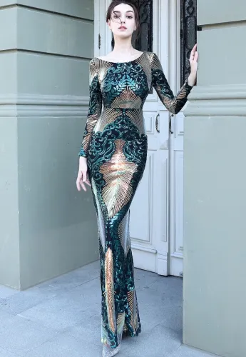 Autumn Formal Sequin Green O-Neck Long Sleeve Mermaid Evening Dress