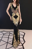Sommer formales schwarzes Pailletten ärmelloses V-Ausschnitt Meerjungfrau Abendkleid