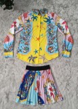 Conjunto de blusa retro con estampado otoñal y falda a juego