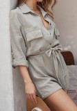 Autumn Casual Elegant Green Long Sleeve Rompers with Belt