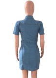 Summer Casual Button Up Blue Denim Bodycon Dress
