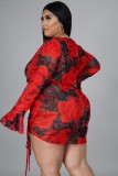 Autumn Plus Size Floral Red Knotted Crop Top and Ruched Mini Skirt Set