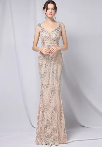 Summer Formal Gold Sequin V-Neck Sleeveless Mermaid Evening Dress