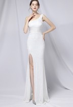 Summer Formal White Sequin One Shoulder Slit Evening Dress