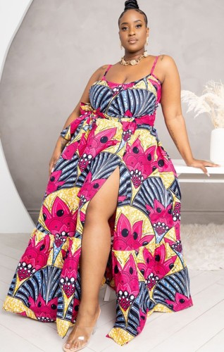 Summer Plus Size Casual Print Strap Slit Long Maxi Dress