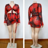 Autumn Plus Size Floral Red Knotted Crop Top and Ruched Mini Skirt Set