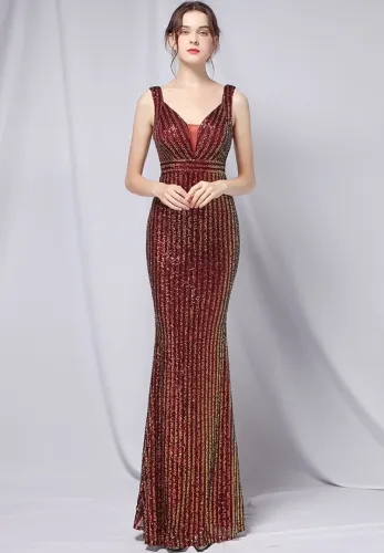 Summer Formal Red Sequin V-Neck Sleeveless Mermaid Evening Dress