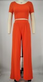 Summer Casual Orange Crop Top and Loose Pants Set