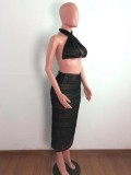 Conjunto de falda midi y top corto negro sexy de verano