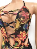 Summer Sexy Lace-Up Floral Bodysuit and Cover-Up Set