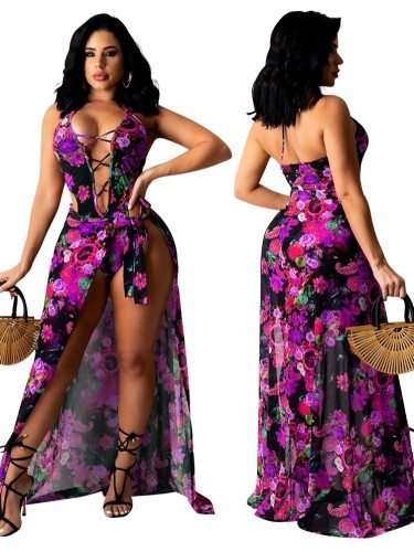 Summer Sexy Lace-Up Floral Bodysuit and Cover-Up Set