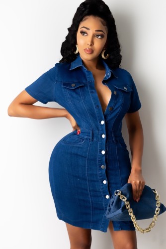 Zomer casual button-up donkerblauwe denim bodycon-jurk
