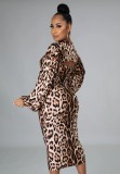 Autumn Formal Leopard Puff Sleeve Midi Dress