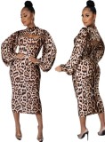 Autumn Formal Leopard Puff Sleeve Midi Dress