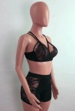 Summer Sexy Black Lace Patch Bra and Shorts Set