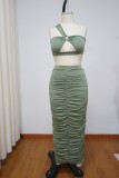 Summer Green Sexy One Shoulder Crop Top and Midi Skirt Set