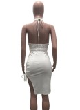 Summer White Sexy Cut Out Side Halter Party Dress
