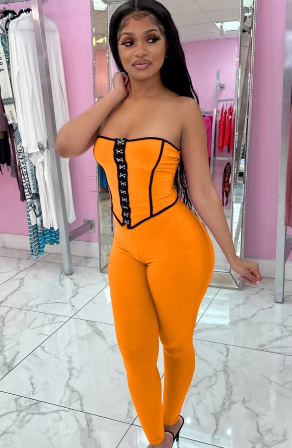 Summer Orange Tight Strapless Top and Pants Set