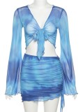 Autumn Tie Dye Blue Knotted Crop Top and Ruched Mini Skirt Set